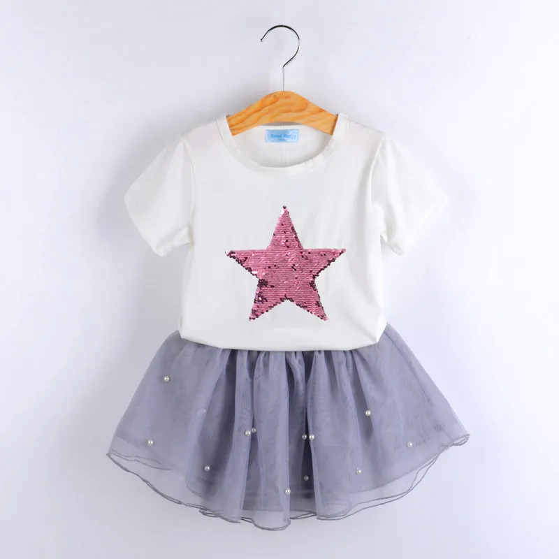Mädchen Sets Sommer Mode Stil Kinder Kleidung Pailletten Sterne T-Shirt + Kleid 2 Stücke Kinder Kleidung 210515