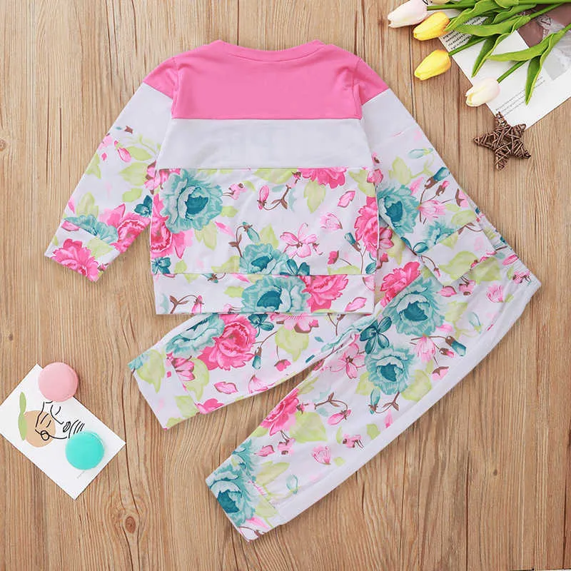 Winter Kinder Sets Casual Langarm O Hals Brief Patchwork T-shirt Druck Hosen Nette 2 stücke Mädchen Kleidung 6M-4T 210629