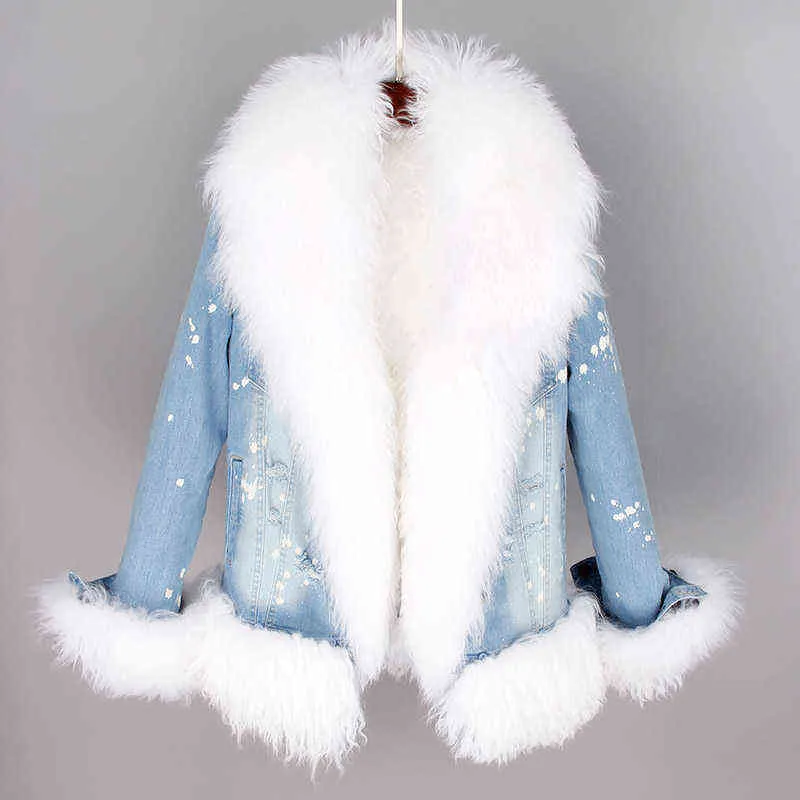 Naturlig ull kantad med lyxig päls krage denim kappa vinter casual varm mode kort jacka 211216