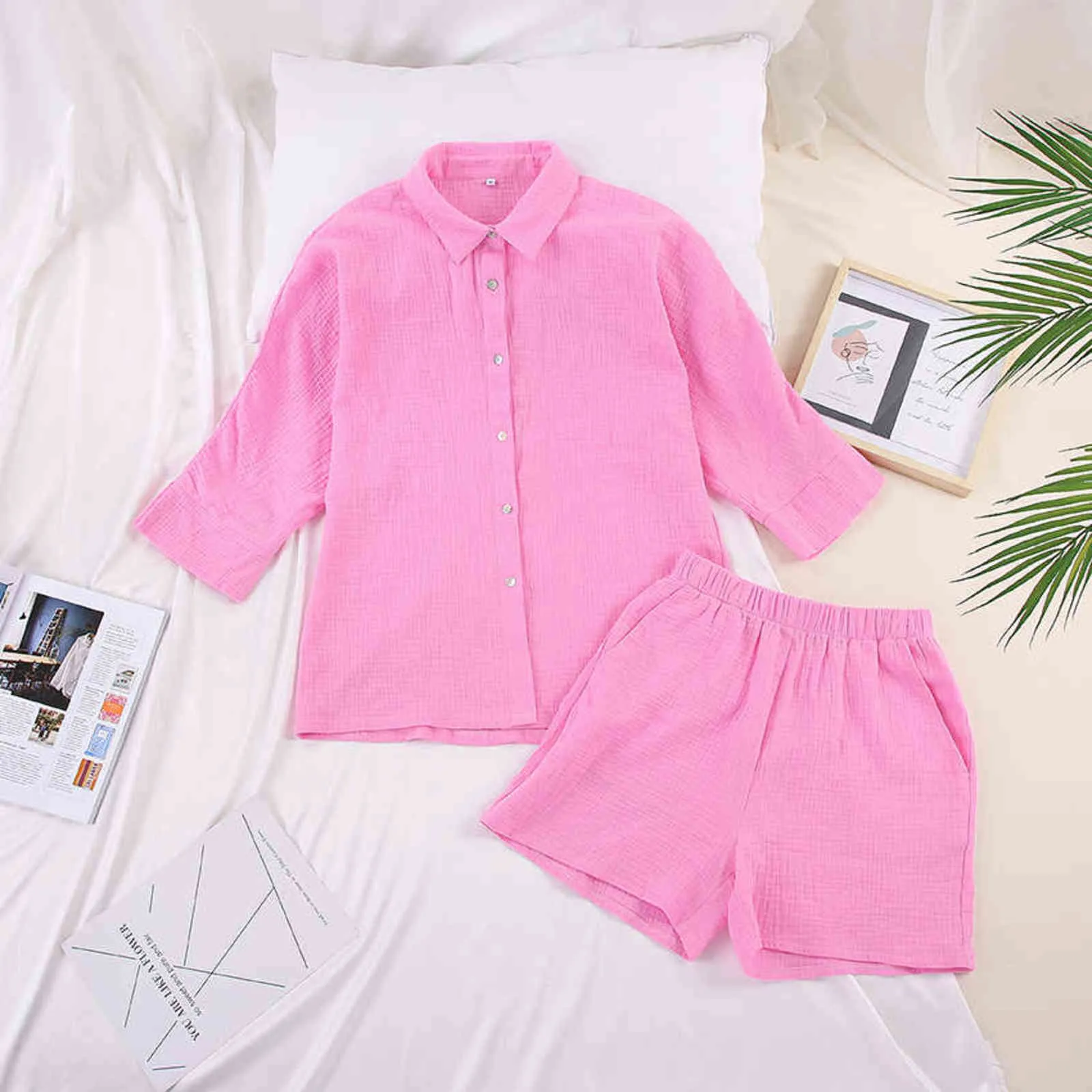 HiLoc Casual Sleepwear Cotton Pajamas For Women Sets Suit Turn-Down Collar Nine Quarter Sleeve Sleep Tops Shorts Female Homewear 211112