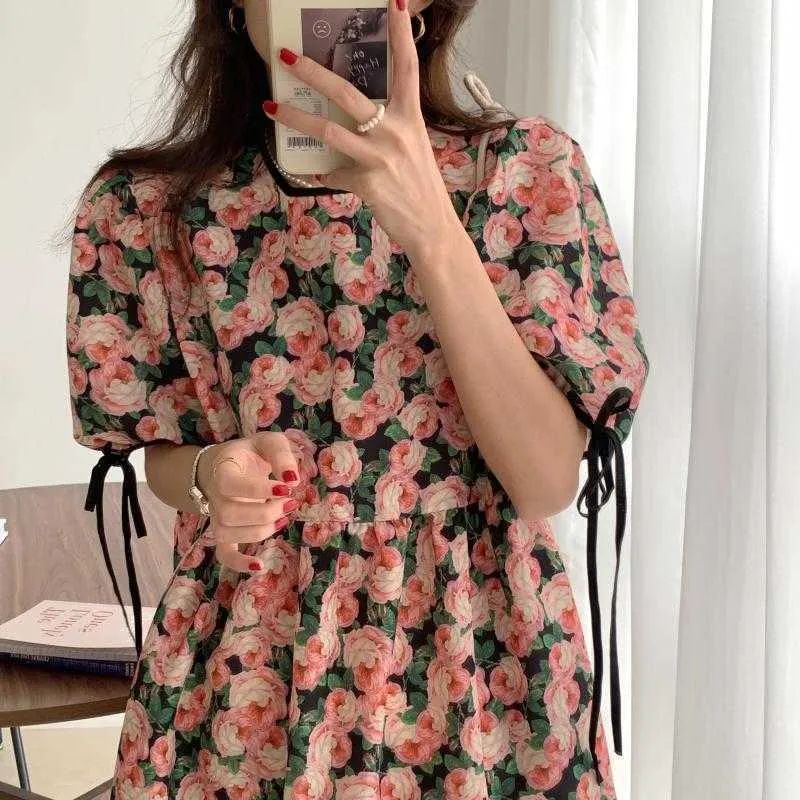 Florals Cotton Linen Puff Sleeves Printed Party Sexy Stylish Femme Chic Prom Girls Mini Dresses Vestidos 210525