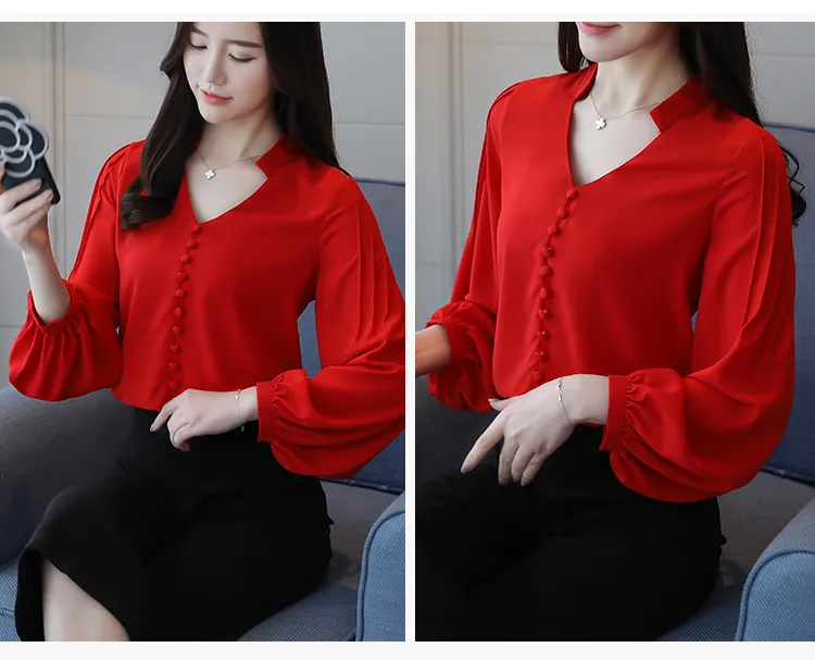 fashion women blouses long sleeve shirts red chiffon blouse shirt V-neck office work wear s tops and 0603 60 210506