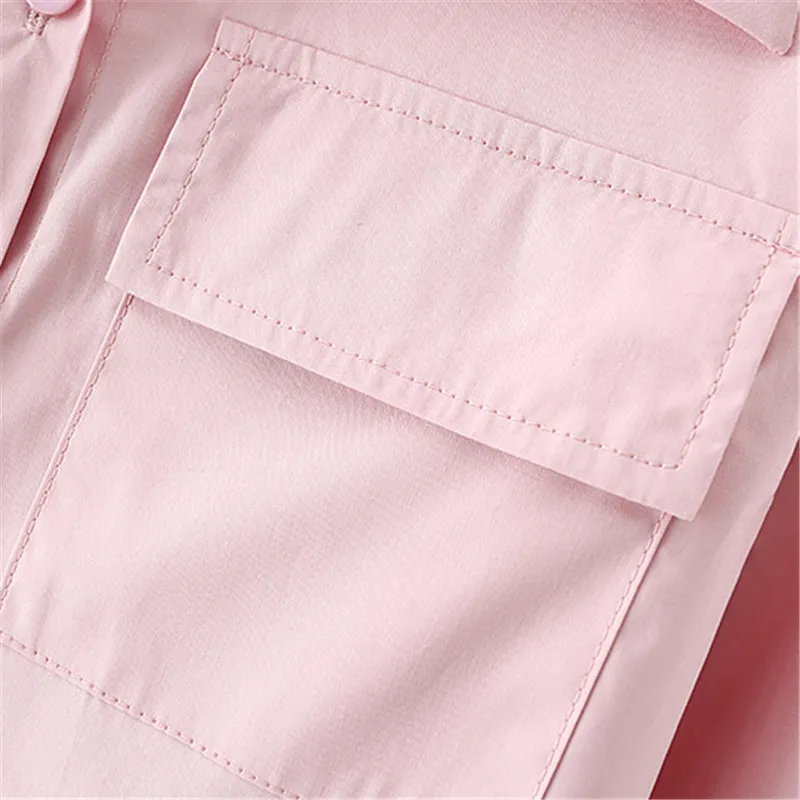 エレガントなピンクの長袖ブラウス女性ポケットラペルショートシャツトップスレディファヒオンストレートクロップガール210430