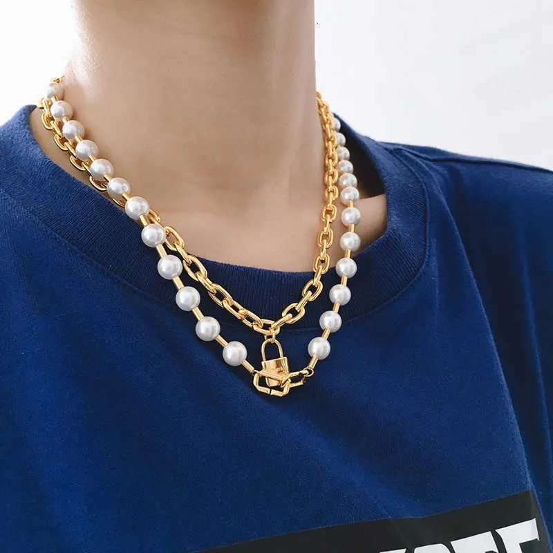 Titane avec or 18 carats fausse perle serrure en couches déclaration collier en acier inoxydable bijoux t Show Party piste Boho Japon Corée 233S