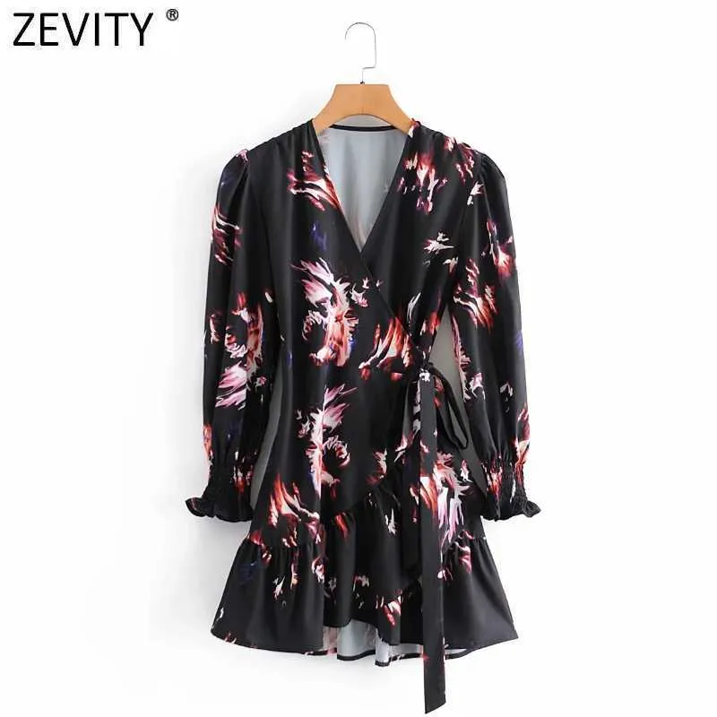 Zeefity Dames Vintage Cross V-hals Afdrukken Lace Up Kimono Mini Jurk Vrouwelijke Zoom Onregelmatige Ruches Casual Slanke Vestido DS4852 210603