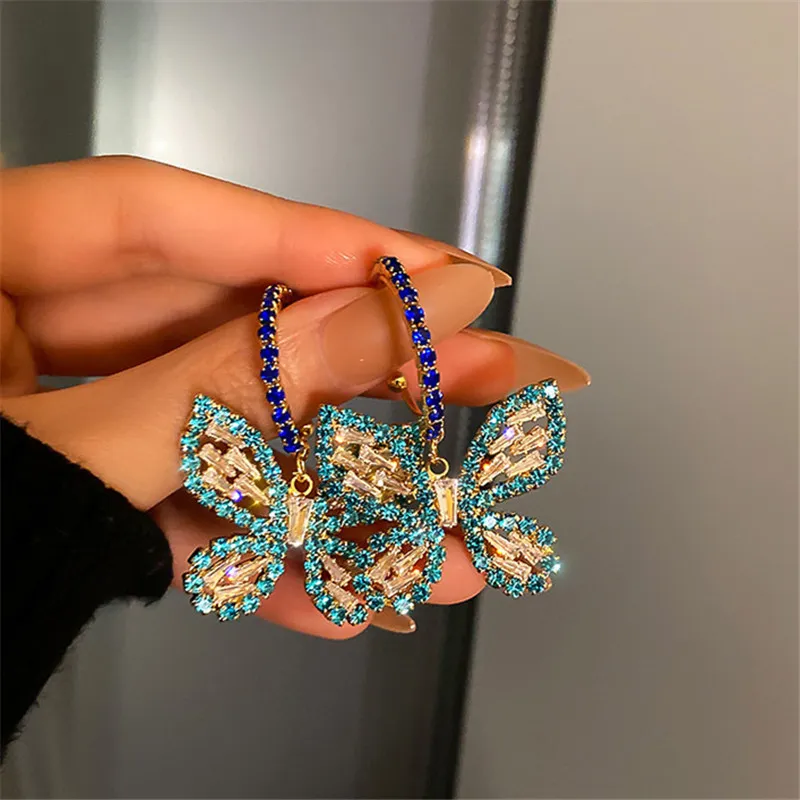 Orecchini pendenti con cristalli di zirconi a farfalla dorata donna Accessori gioielli da festa matrimoni con strass blu