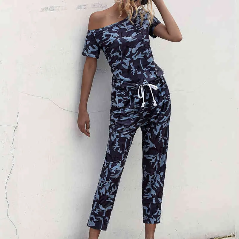Printemps été Camouflage imprimé body femmes streetwear décontracté épaule à manches courtes poche femmes combinaison sans bretelles 210514