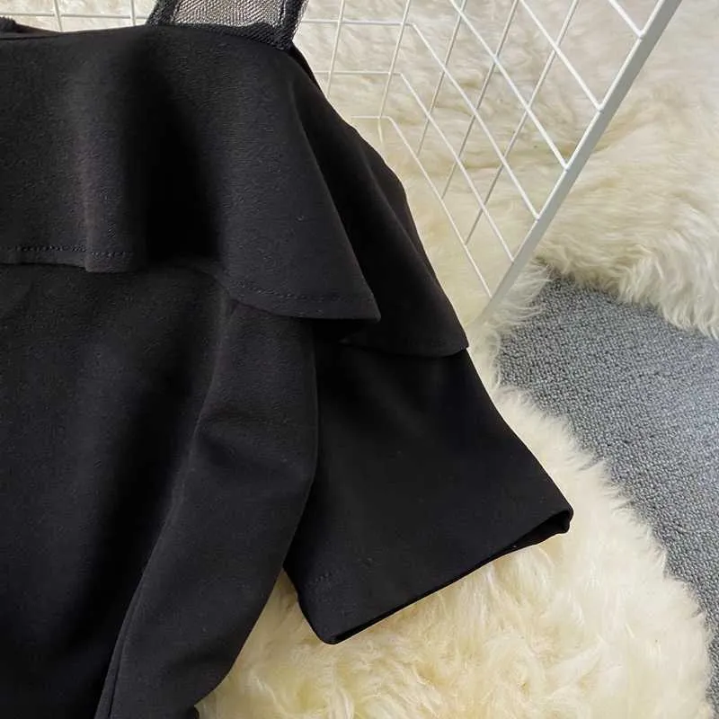 خمر أسود شبكة المرقعة حزب فستان طويل المرأة مثير مائل العنق واحد الكتف قصيرة الأكمام عالية الخصر vestidos الربيع الصيف Y0603