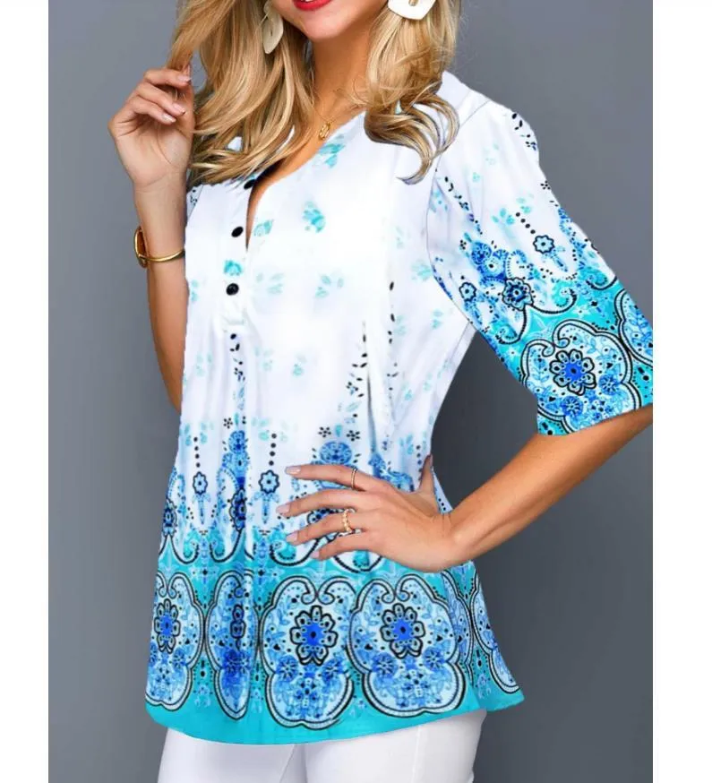 Skjorta blus mode stor storlek toppar kvinnor casual v nack skjorta damer lösa blommor tryck tunika skjorta 210323