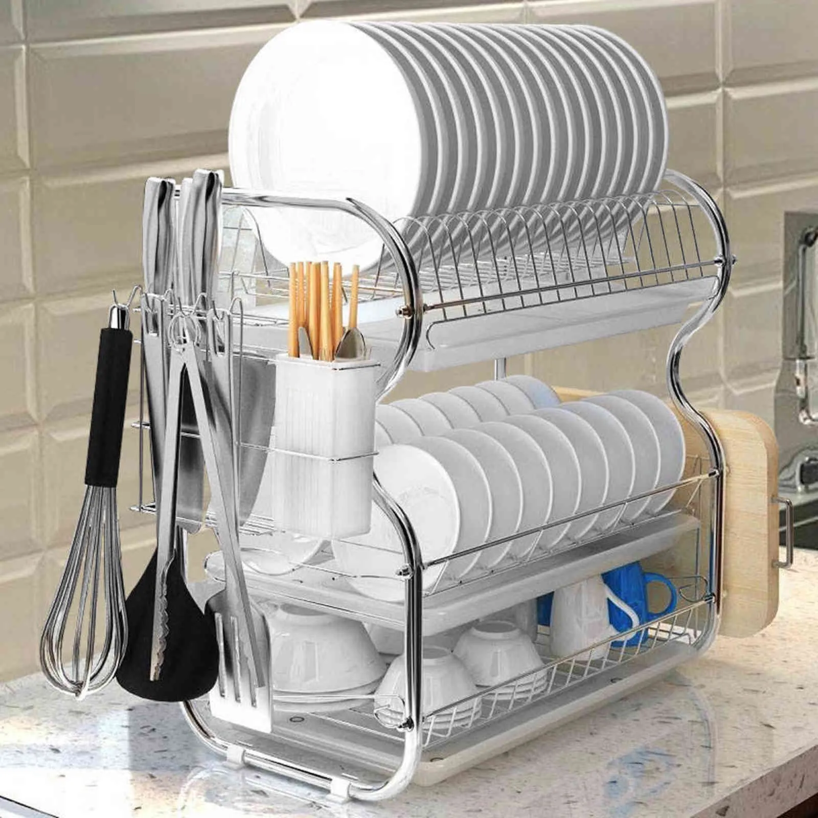 Acier inoxydable 3 couches cuisine égouttoir vaisselle tasse séchage ménage économie d'espace organisation stockage outils 211102