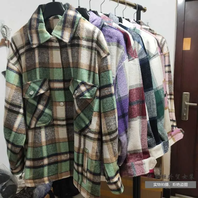 Moda Koszulki Plaid Kurtka Damskie Płaszcz Casual Gruby Oversize Outwear Koreański Eleganckie Za 211014