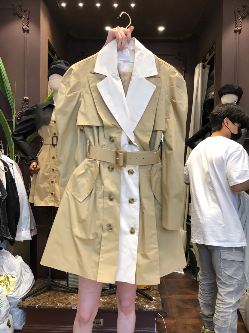 [EWQ] Spring Korean japan Design Double-breasted Long trench Top fashion ladies Patchwork windbreaker Khaki Outerwear 210423