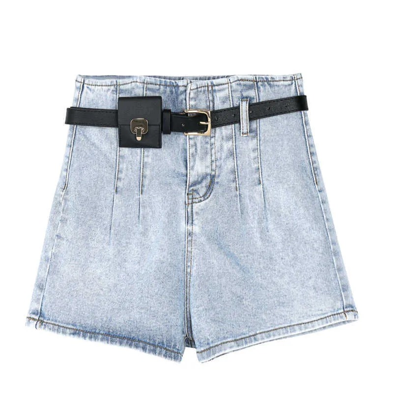 [Deat] zomer mode hoge taille effen kleur sjerpen A-lijn losse temperament vrouwen wijd been denim shorts 13Q071 210527