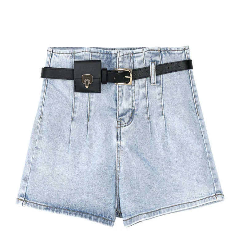 [Dekad] sommar mode hög midja solid färg sashes a-line lösa temperament kvinnor brett ben denim shorts 13q071 210527