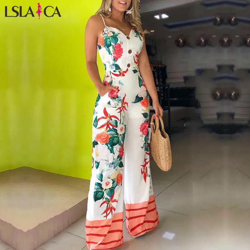 Lslaica Jumpsuits Women Printed sling piece trousers fashion trend elegant loose comfortable jumpsuit autumn female 210515