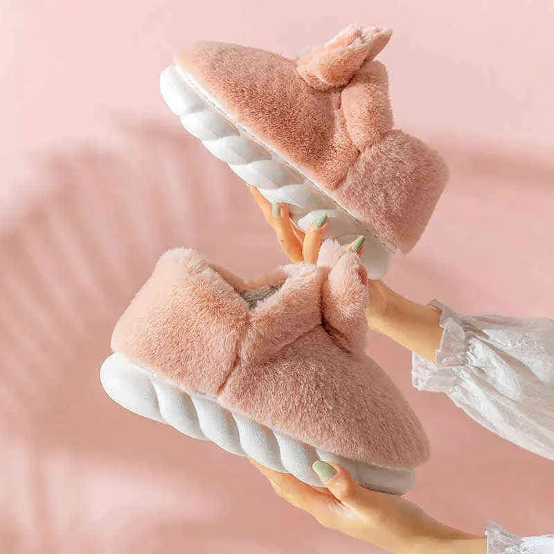 White 2021New Fashion Casual Rabbit Ears Cartoon Plush Fur Slides Couples Home Slippers Warm Cute Woman Man Slipper Winter Shoes H1122