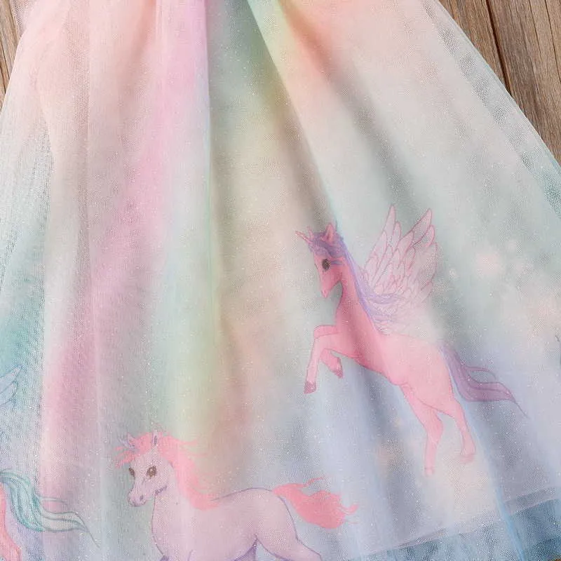 Detal Girls Dress Summer Bez Rękawów jednorożec Rainbow Różowy Baby Girl Princess Kids Clothing 1-7y E90465 210610