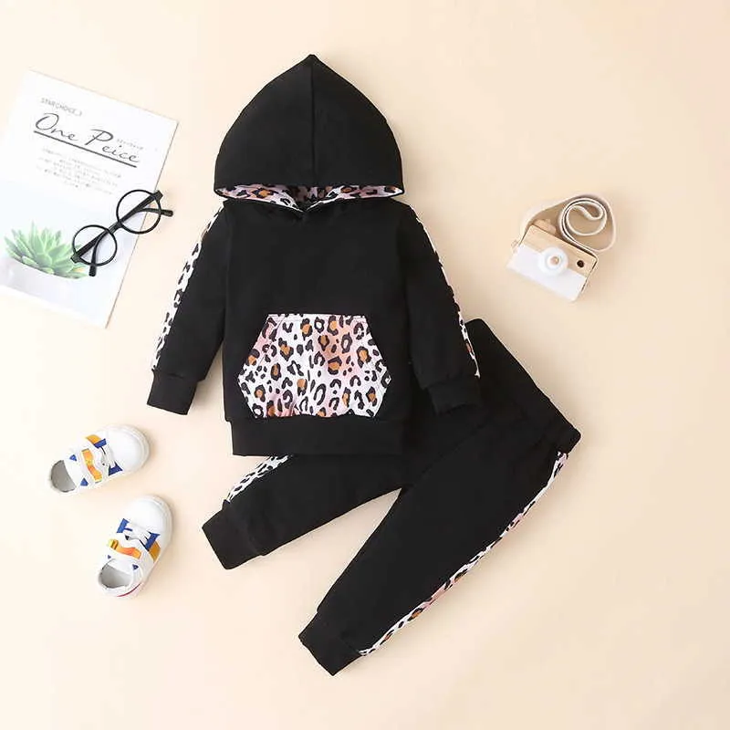Spring Kids Boys Girls 2-pcs Sets Long Sleeves Leopard Print Hooded + Pants Children Clothes E9011 210610