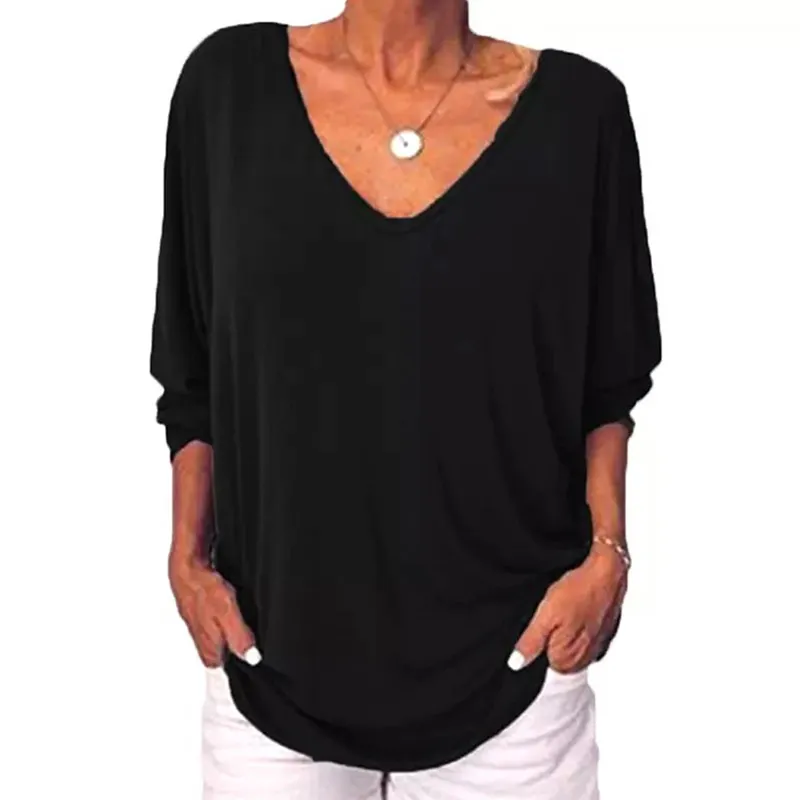 Vrouwen T-shirt V-hals Losse Lange Mouw Button Effen Kleur Casual Mode Plus Size Tuniek Elegante Dames Vrouwelijke Kleding 210522