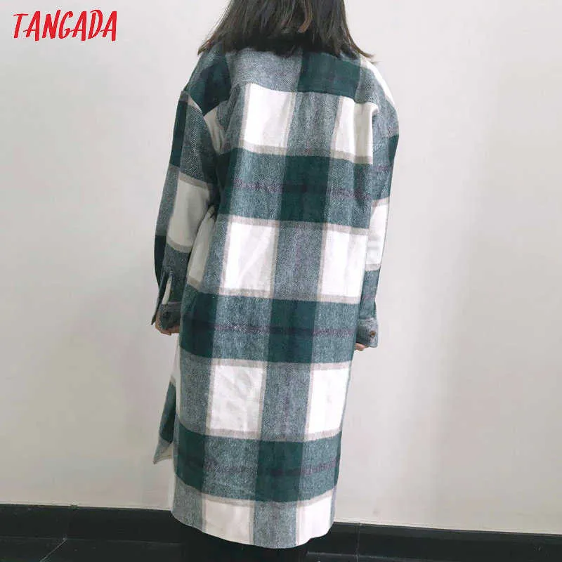 Tangada Otoño Invierno Mujeres Verde Plaid Abrigo largo Chaqueta Casual Abrigo cálido Moda Abrigos largos AI35 211019