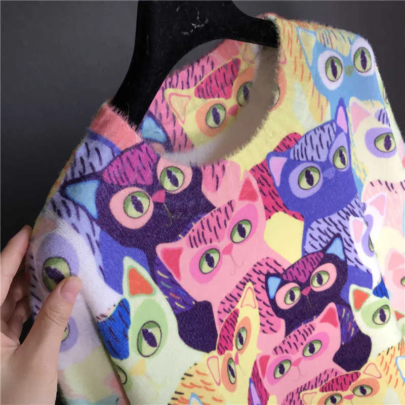 Mulheres caem dos desenhos animados animal gato bordado macio pulôver tricotar camisola feminino quente harajuku doce kawaii inverno roupas C-145 211007