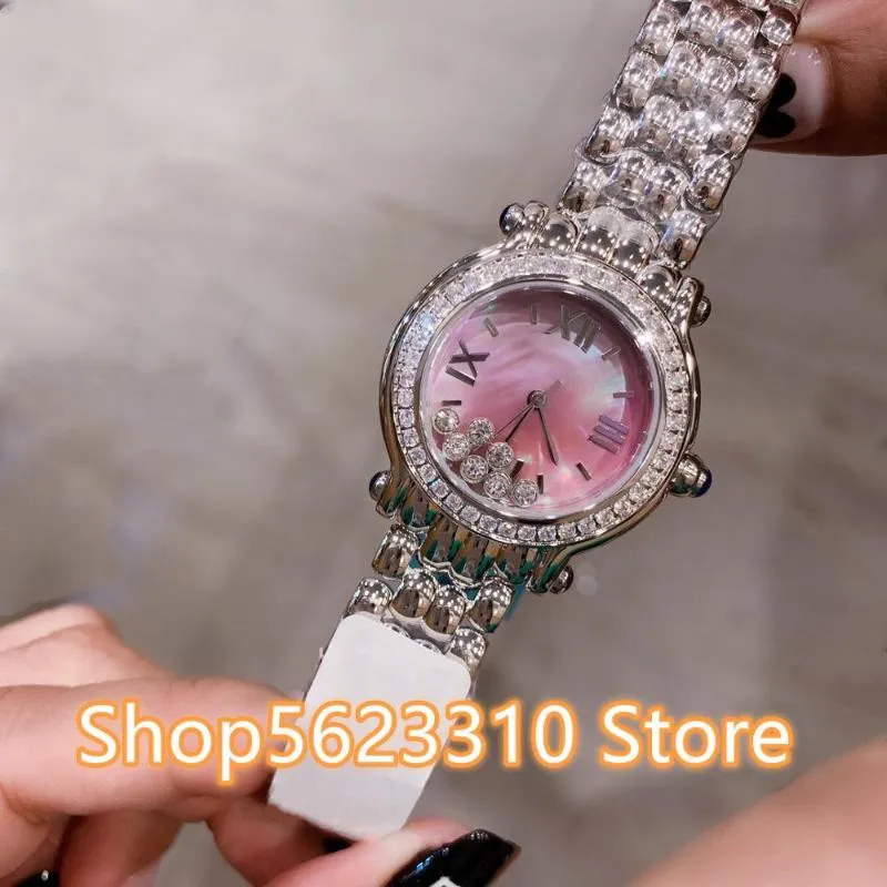손목 시계 해피 스톤 시계 여성 강철 쿼츠 손목 시계 로마 번호 다이얼 시계 시계의 어머니 진주 껍질 시계 30mm278V