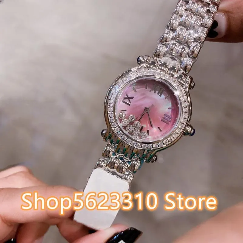 Armbandsur Happy Stone Watch Women Steel Quartz armbandsur romerskt nummer Dial Watches Mother of Pearl Shell Clock 30mm278V