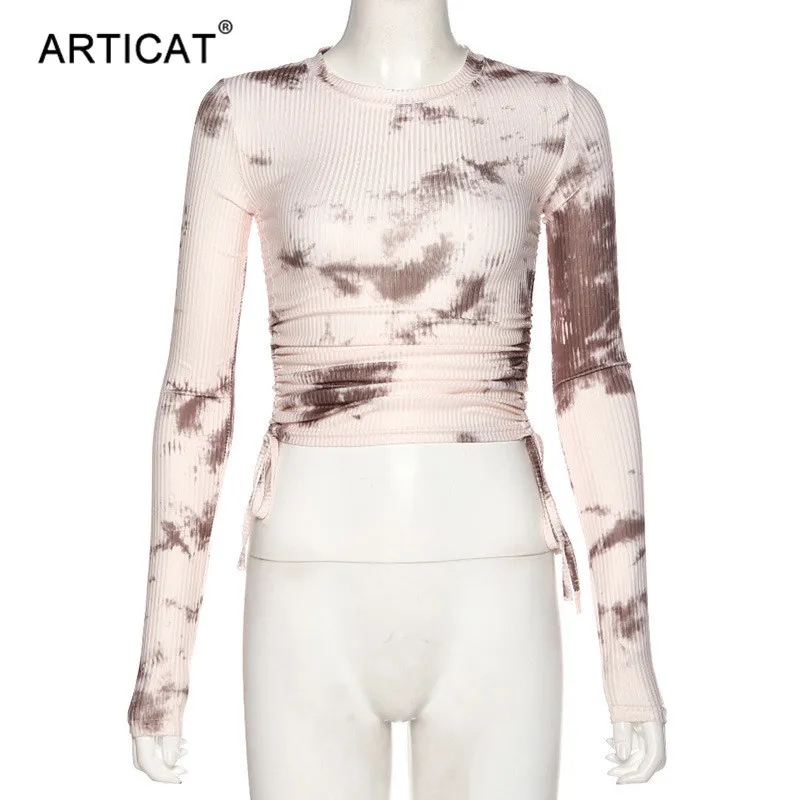 Articat Tie Dye Printed Ribbed T Shirt Women Long Sleeve Drawstring Bodycon Crop Tops Srping Ladies Skinny Clothes Streetwear Y0508