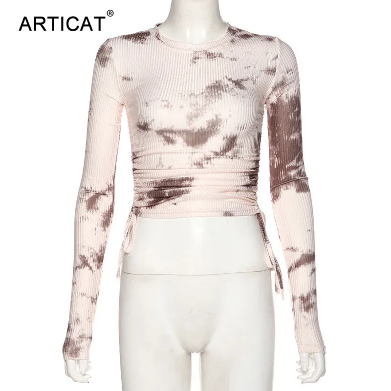 Articat Tie Dye Stampato A Coste T Shirt Donna Manica Lunga Con Coulisse Aderente Crop Top Srping Signore Abiti Skinny Streetwear Y0508