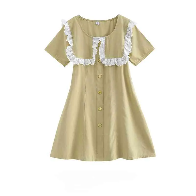 Kimutomo Sweet Japanese Style Dresses Women Peter Pan Collar Single Breasted Short Sleeve Slimming Mini Vestido Solid Color 210521