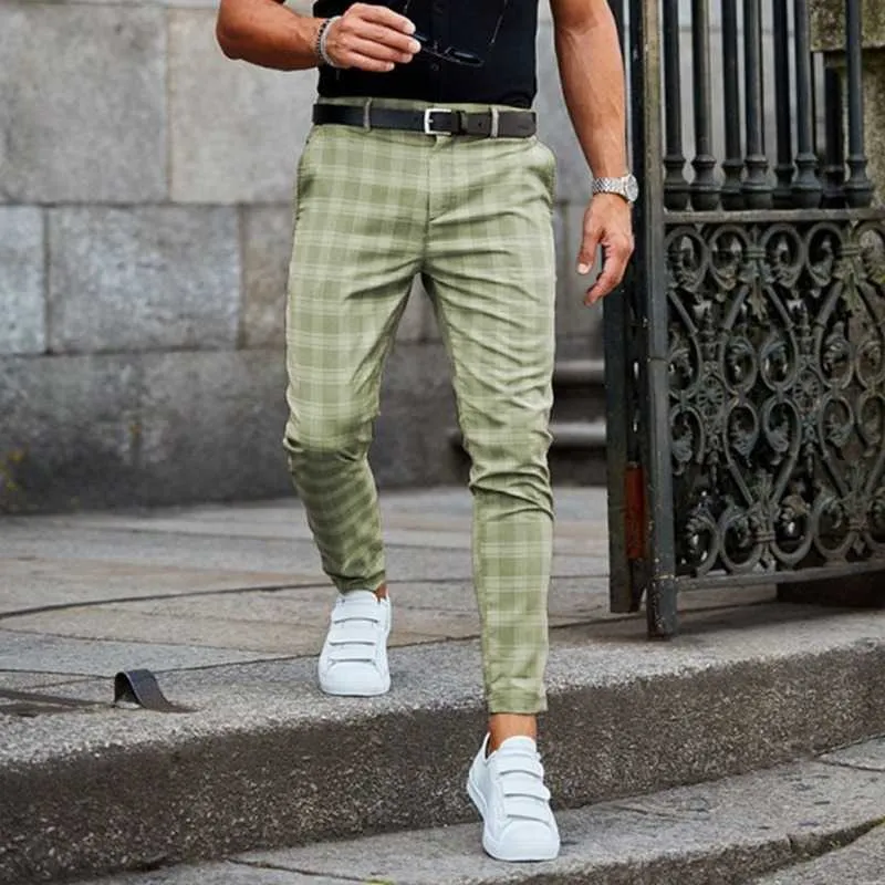 Mens byxor Casual Byxor Skinny Stretch Chinos Slim Fit Pant Plaid Check Male 210715