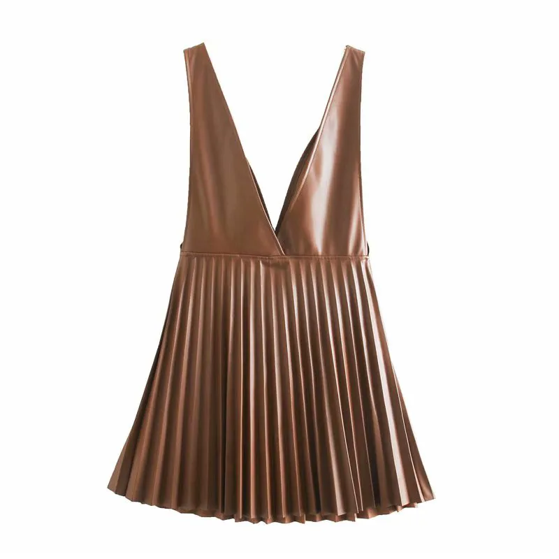 VUWWYV printemps Faux cuir plissé Mini robes pour femmes jupe chasuble sans manches bretelles réglables boucle en métal robe 210430