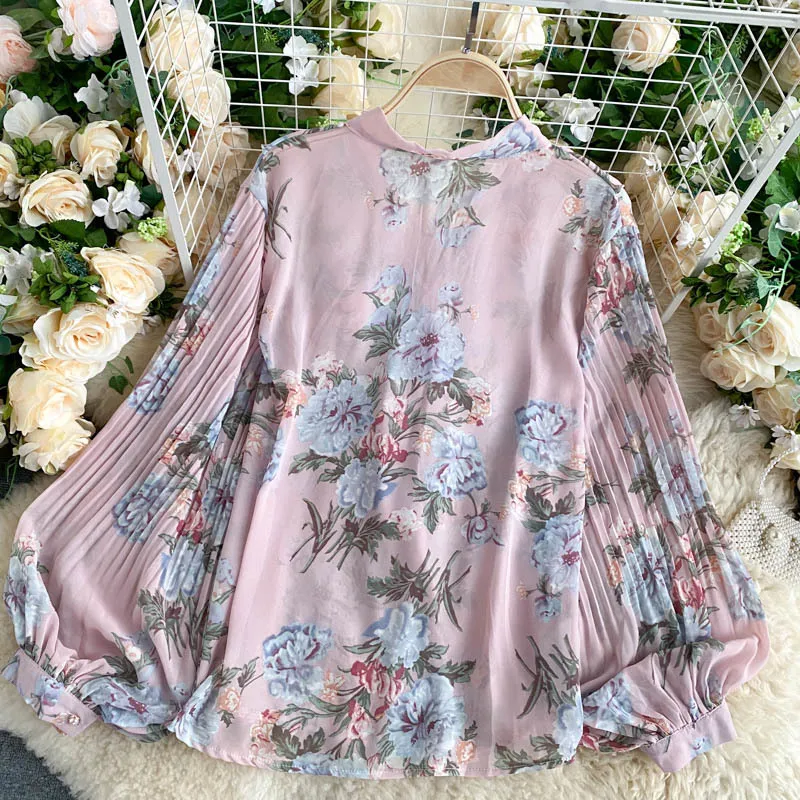 Neploe Floral Women Blouses Bow Tie Collar Lantern Long Sleeve Blusas Mujer Shirt Summer Korean Elegant Woman Chiffon Tops 210326