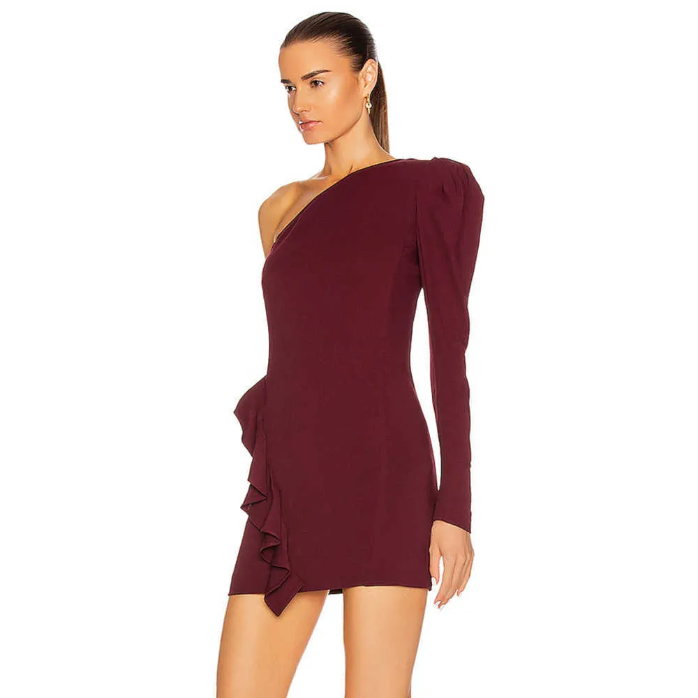 High Quality Women's Burgundy Fishnet One Shoulder Long Sleeve Ruffle Sexy Mini Bandage Celebrity Party Dress Vestidos 210527