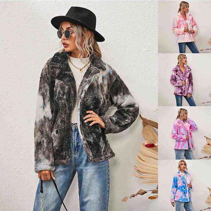 Giacca da cappotto con bottoni in pile autunnale Giacca imbottita doppiopetto a maniche lunghe con stampa tie-dye invernale da donna 210514