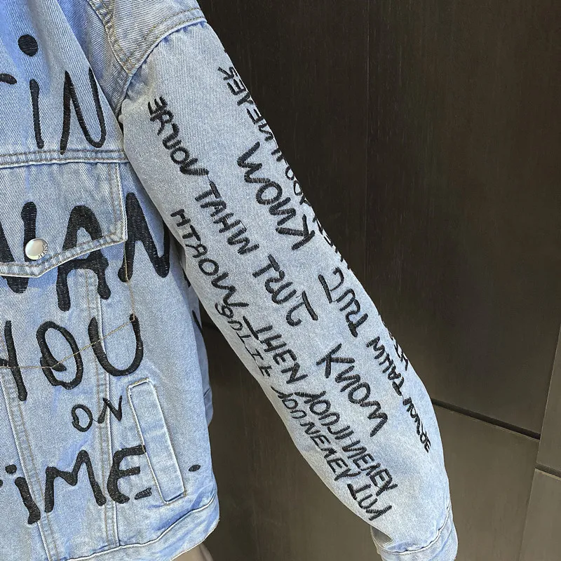 Giacca di jeans casual ricamata con lettera moda primavera Giacca da donna a maniche lunghe High street Jean Femme 210518