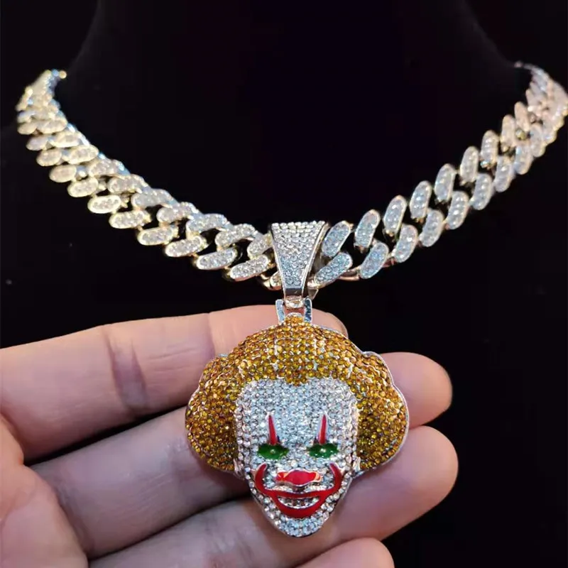 Men Women Hip Hop Movie Clown Pendant Necklace with 13mm Miami Cuban Chain Iced Out Bling HipHop Necklaces Male Charm Jewelry4775359