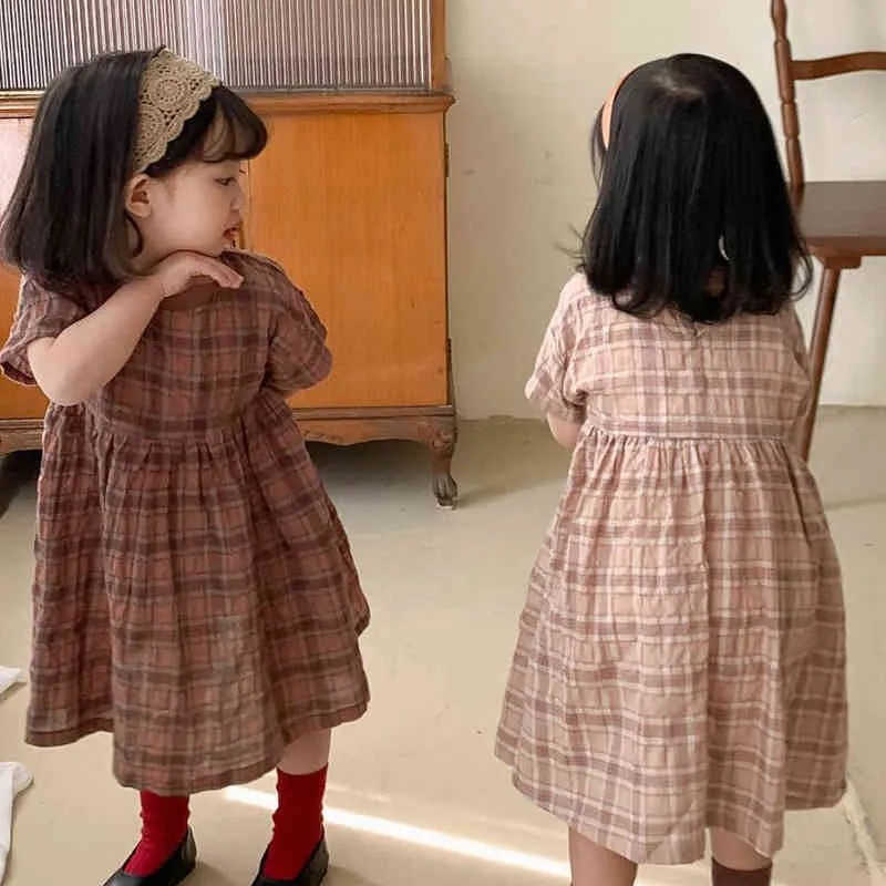 Korte mouwen ronde hals geruite print casual jurk kid kleding meisje japanse en koreaanse stijl zomer 210515