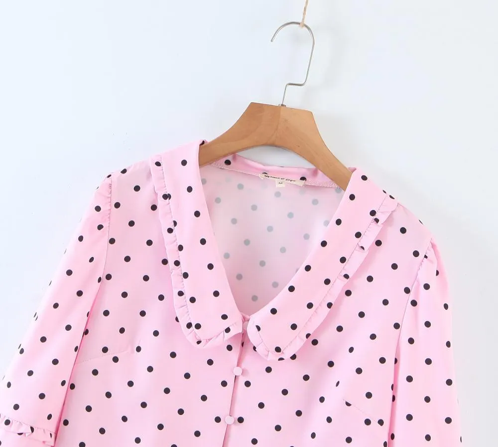 Spring Wood ear Lapel Collar Polka Dot Print Pink Long Sleeve Shirt Sweet Women Center Buttons Blouse Loose Tops 210429