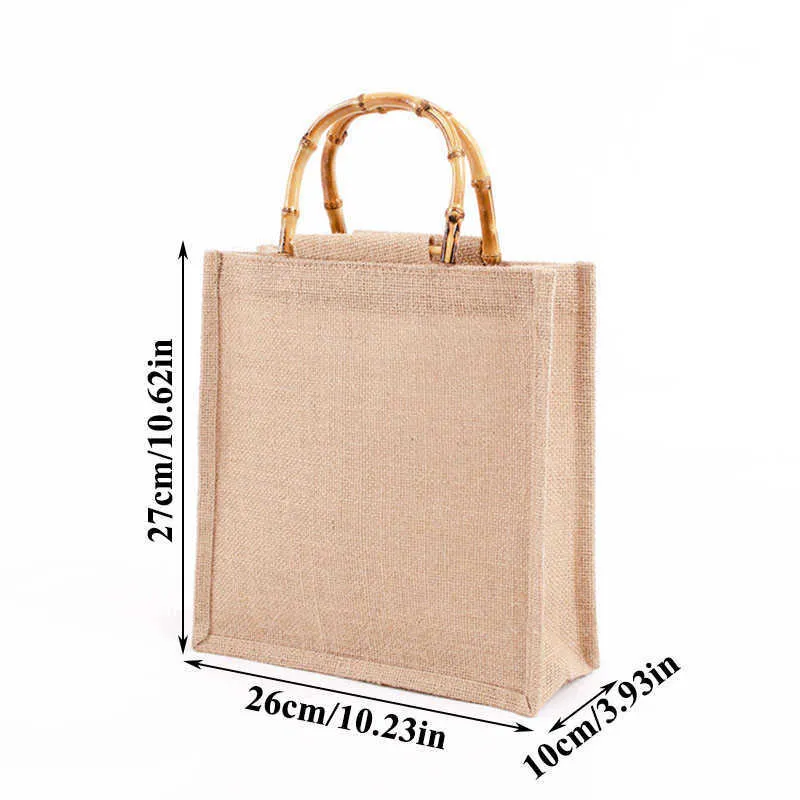 Vintage Handbag Bamboo Loop Handles DIY Bag Retro Waterproof Shopping Bag Solid Color Jute Portable Bag Coarse Woven Fashion 21102269U