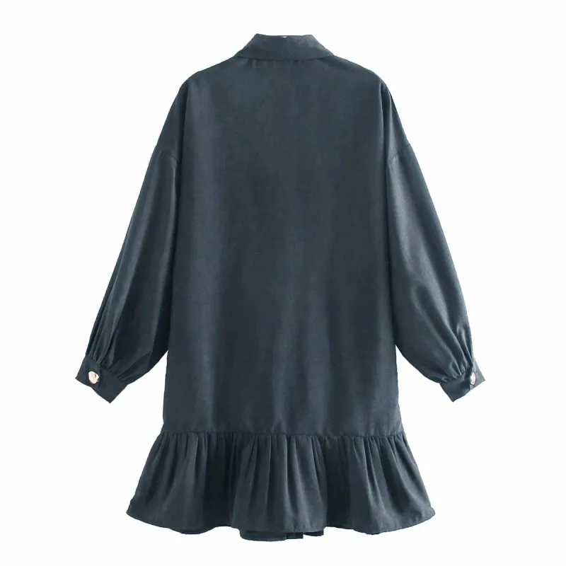 Casual Woman Loose Navy Blue Ruffles Tröja Klänningar Vår Mode Ladies Mjuk Mini Kvinna Elegant Knapp Klänning 210515