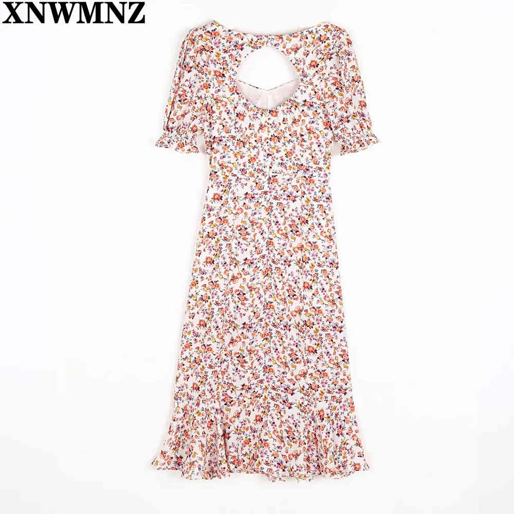 Skriv ut Rosa Long Party Dress Women Short Puff Sleeve Elegant Slim Sommar Visa Tunna Split Es Franska Stil Robe 210520