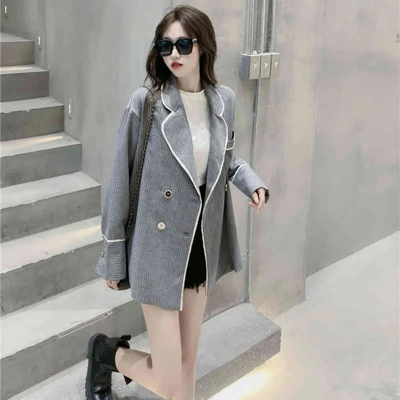 Весна осень женская куртка корейский стиль серый полосатый костюм универсальный свободный с длинными рукавами женские пальто LL752 210506