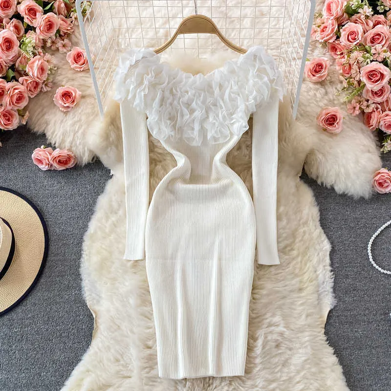 Ruffles Slash NeckDresses For Women 2021 Sexy Strapless Ribbed Knitted Bodycon Dress Women Autumn Long Sleeve Mini Sweater Dress Y1006