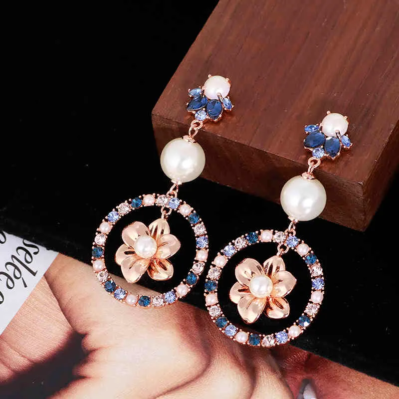 Cubic Zircon and Pearl Drop for Women Luxury Colorful Blue Crystal Elements Gold Color Pendant Statement Earrings Brand