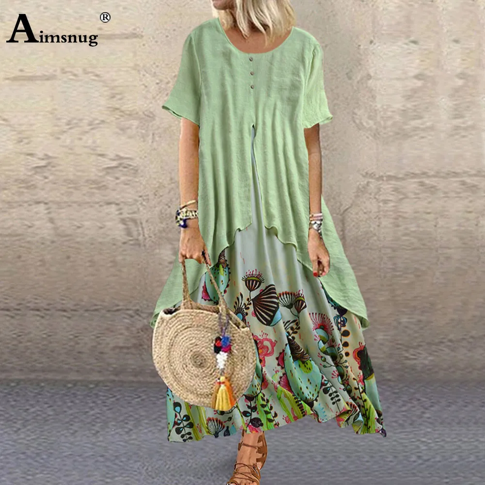 Aimsnug kvinnor elegant lång maxi klänning vintage print sommar strand klänning 2020 plus storlek 5xl damer bohemiska a-line klänningar femme x0521