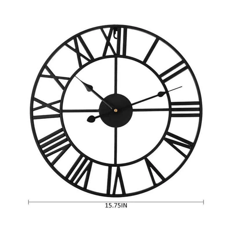 40cm Large Outdoor Garden Wall Clock Nordic Metal Roman Numeral Wall Clock Retro Iron Round Face Black Home Office Decoration H1230