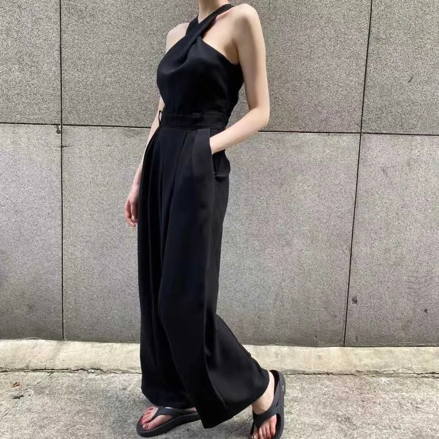 Korejpaa Women Jumpsuits Summer Korean Chic Cross Strapless Halter Neck High Waist Pleated Slim Fit Drape Wide-Leg Jumpsuit 210526