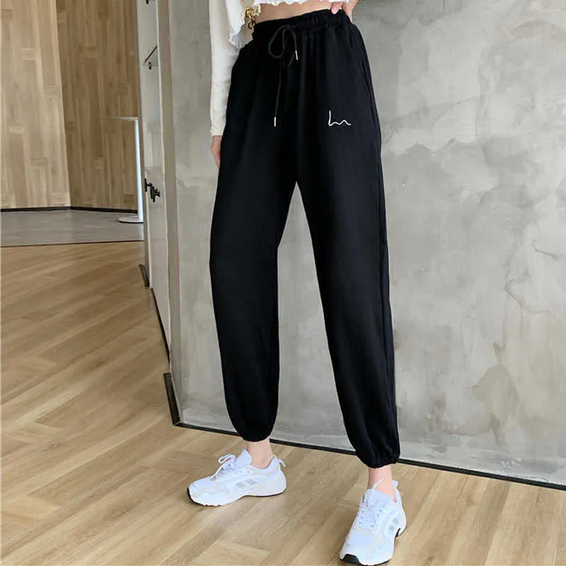 2021 Pantaloni della tuta da donna Baggy nero Grigio Pantaloni sportivi da donna Pantaloni da donna Gamba larga Streetwear Pantaloni da donna a vita alta Q0801