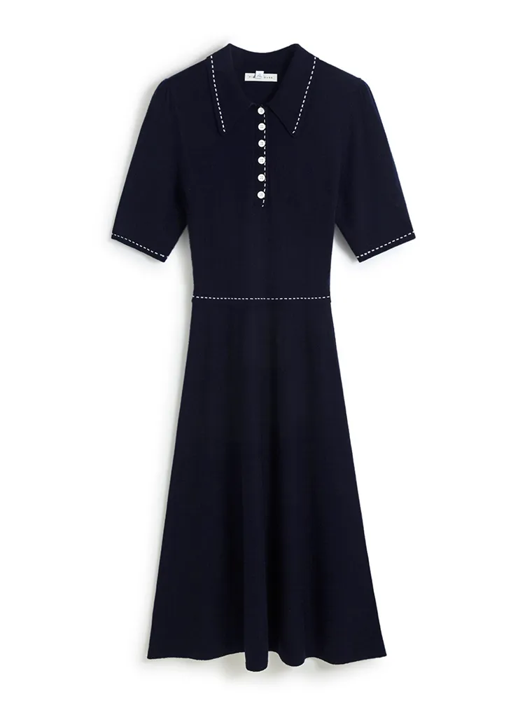 Modieuze vrouwen jurk lente temperament contrasterende lijnen taille lange wol brei 210520